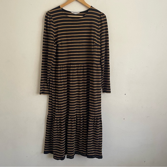 Boden Emma Long Sleeve Black & Camel Stripe Jersey Midi Dress 12 Cotton Blend - Picture 2 of 6